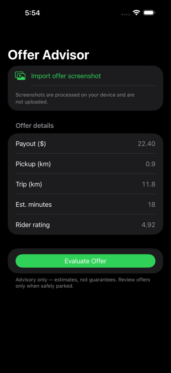 Driver Offer Advisor home screen showing an offer's details: payout $22.40, pickup 0.9 km, trip 11.8 km, 18 minutes, ready to evaluate