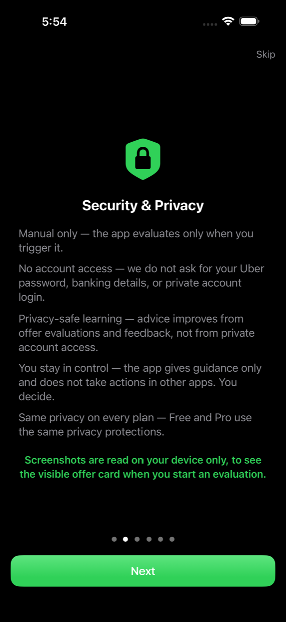 The app's Security & Privacy screen: manual only, no account access, privacy-safe learning, you stay in control, same privacy on every plan