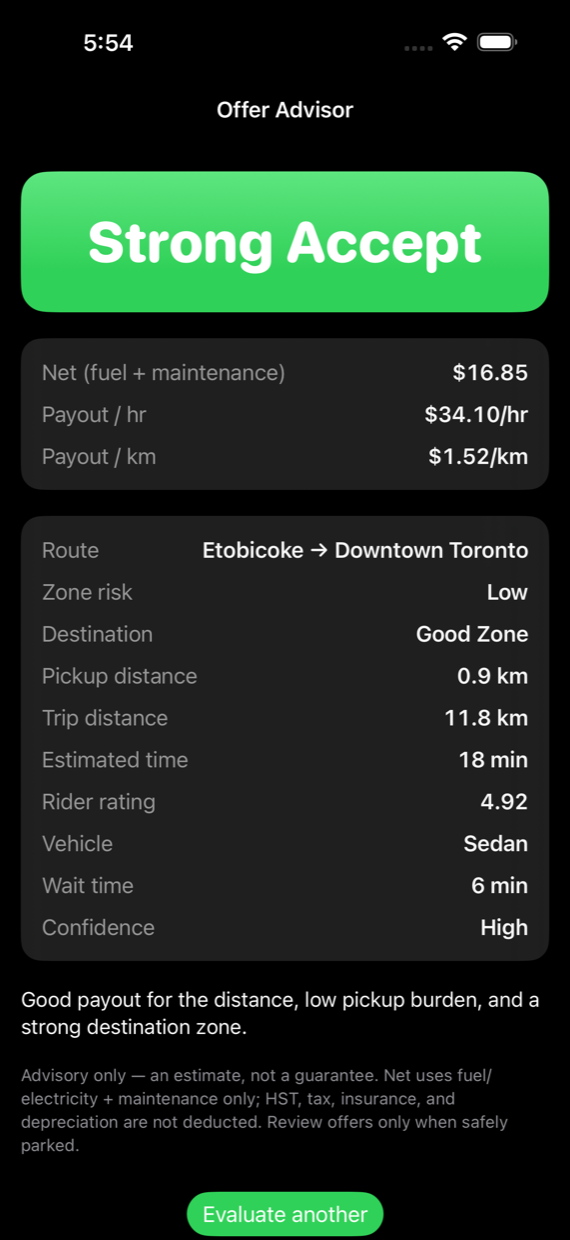 The evaluation result for the same offer: Strong Accept, net $16.85 after fuel and maintenance, $34.10 per hour, $1.52 per km, with the reason explained